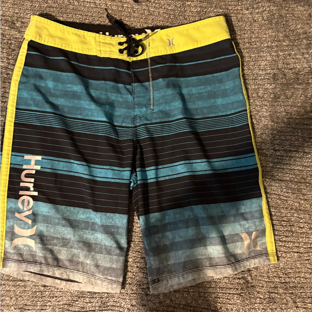 Hurley Men's Striped Teal and Black Board Shorts
